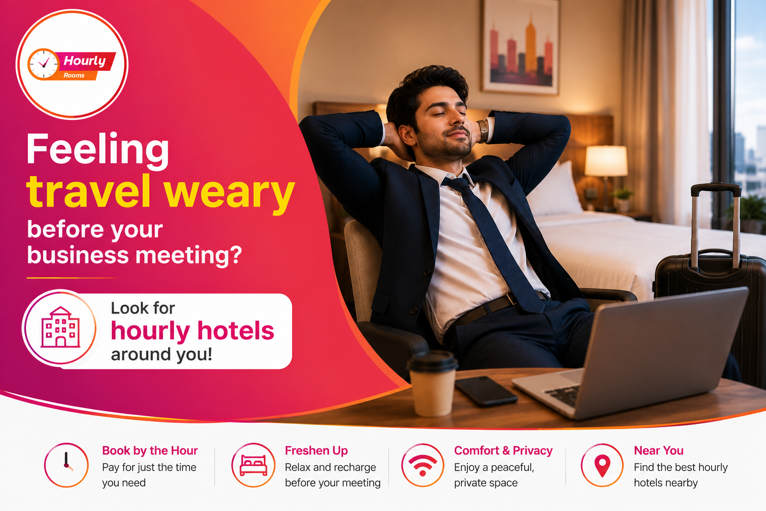 Feeling travel weary before your business meeting? Look for hourly hotels around you!